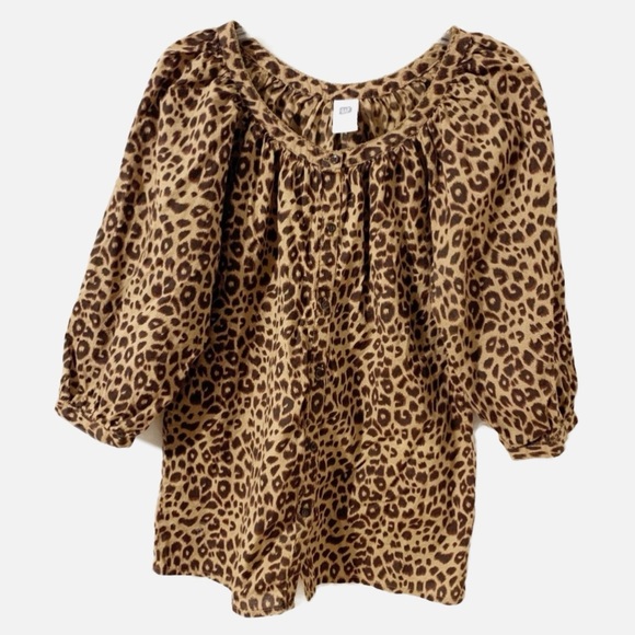 Gap Factory Leopard Print Button Front Rounded  Neckline 3/4 Sleeve Blouse🤎 Tan - Picture 1 of 11